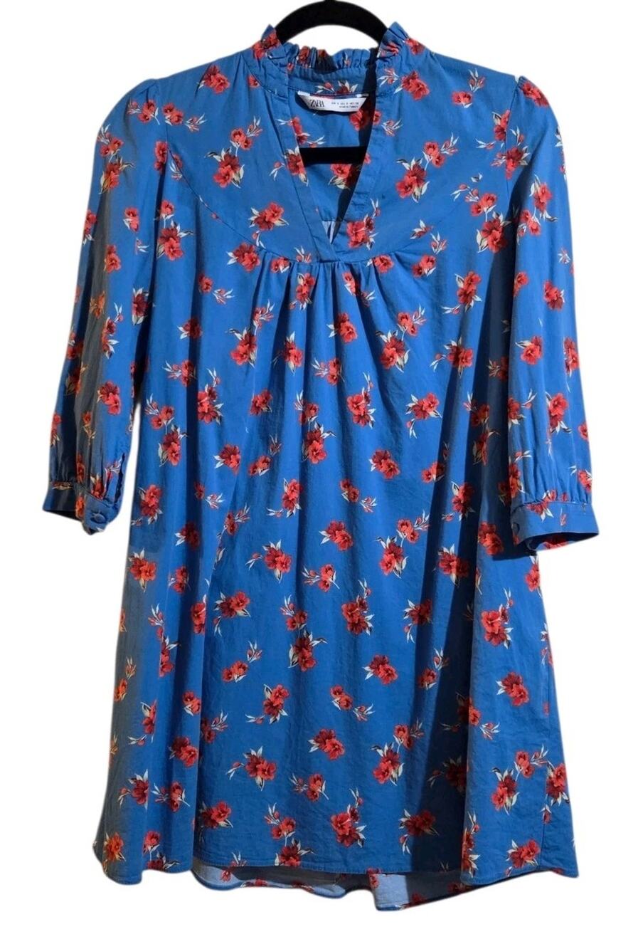 Zara Emma Blue Floral Dress Orange/Red Ruffle Mini Womens Small Pockets Feminine